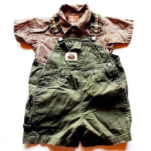 Vintage Beluga Boys Outfit Shirt Overall Shorts Hiking Plaid Green Tan 18 Months